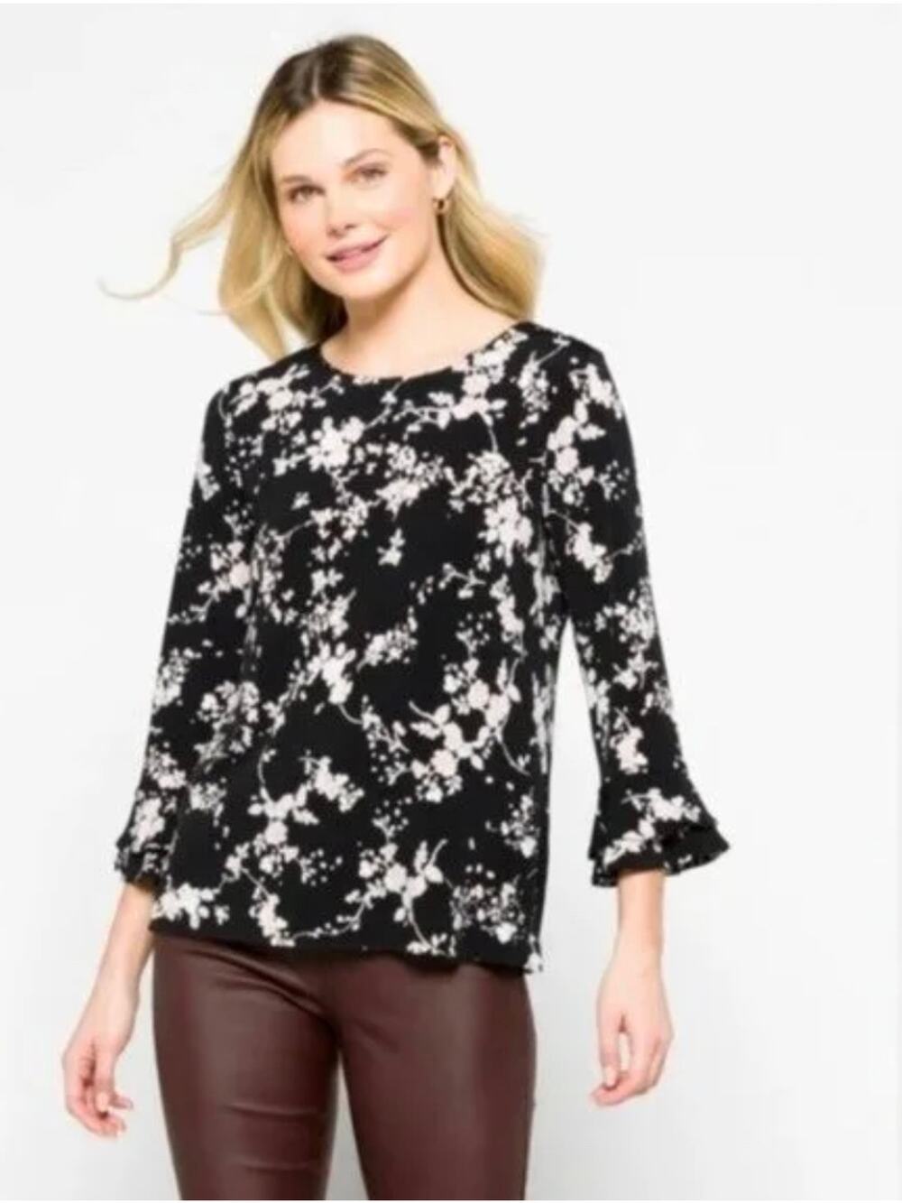 Karl Lagerfeld women size XL black floral long sleeve ruffle blouse designer top
